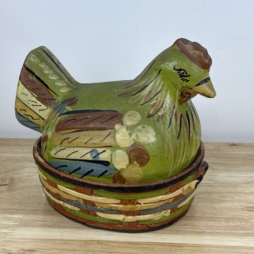 Vintage Mexican Tonala Pottery Hen On Nest Covered Dish Folk Art Chicken 7”